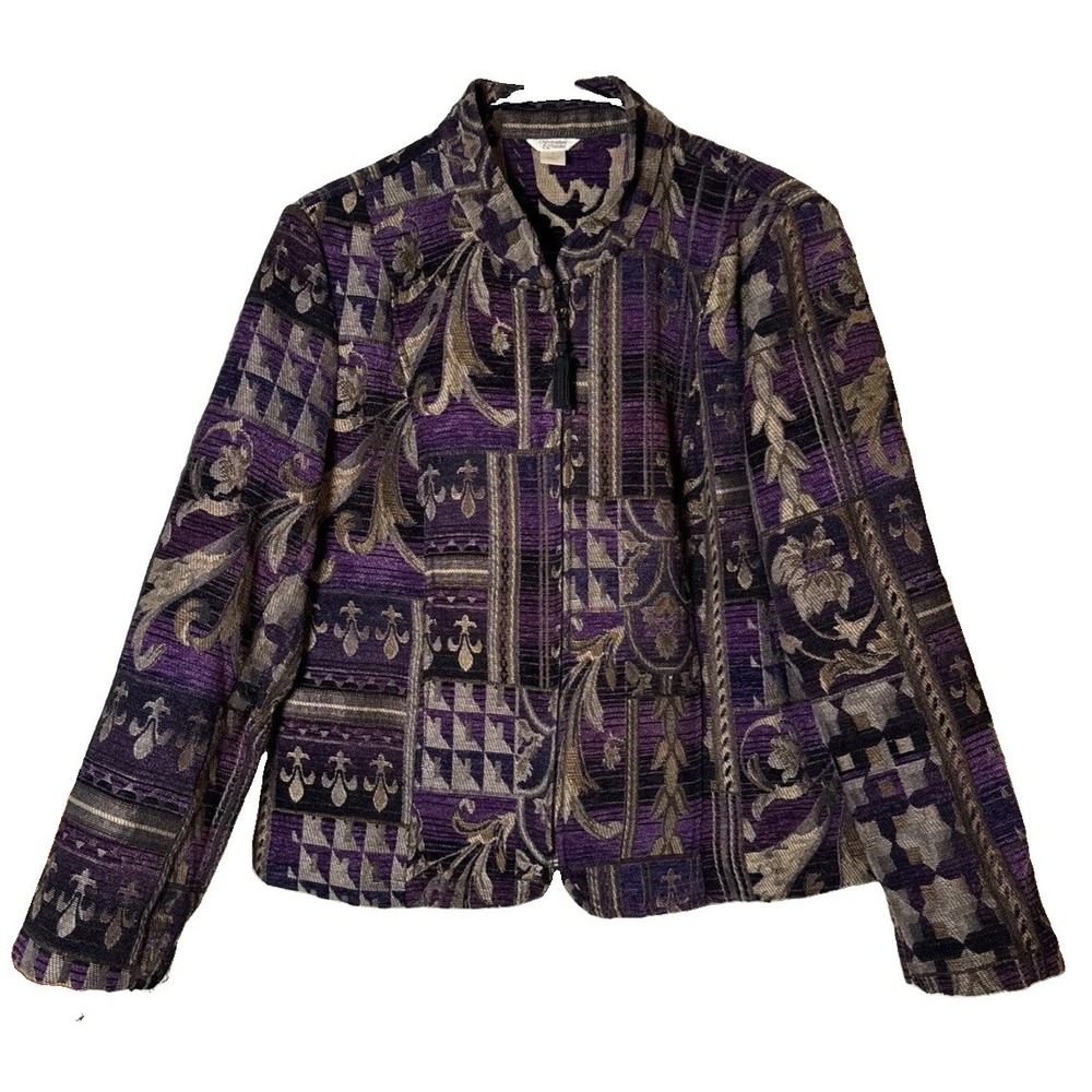 Christopher & Banks Tapestry Jacket Womens XL Purple Black Gold Jacquard Zip